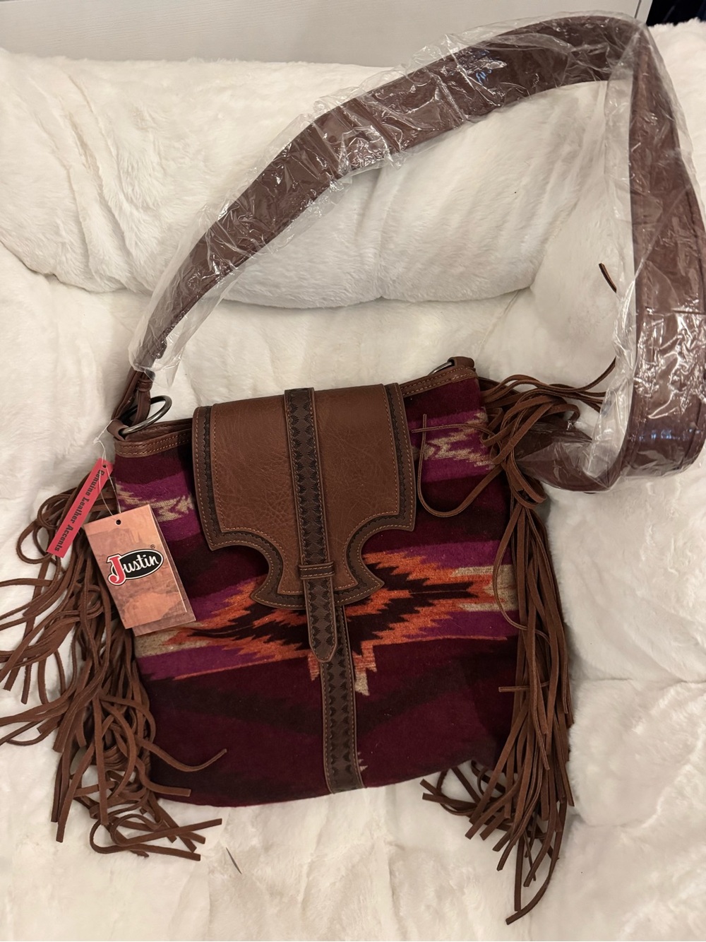 NWT Justin Boots Burgundy & Brown Aztec Fringe Shoulder Bag